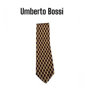 Vintage Umberto Bossi gold plum geometric square 100% handmade silk tie